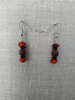 Boucles d'oreilles en gros plan sur fond gris. Chaque boucle contient 2 graines réglisse, 2 monval et une canique tigrée.