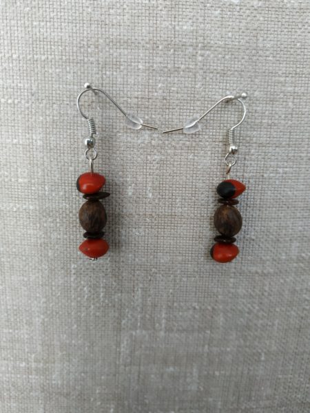 Boucles d'oreilles en gros plan sur fond gris. Chaque boucle contient 2 graines réglisse, 2 monval et une canique tigrée.