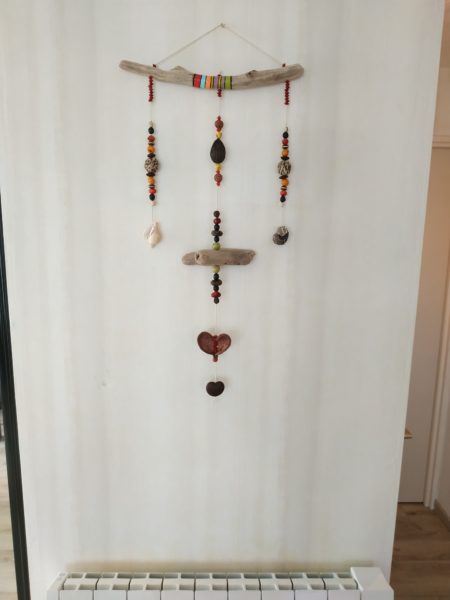 Déco murale bois flotté graines gousses coquillages