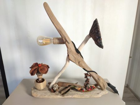 Lampe en bois flotté et graines et compagnie